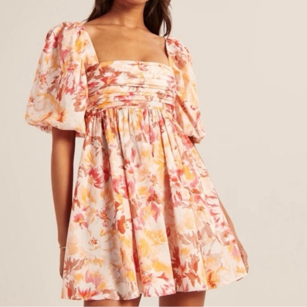 Abercrombie & Fitch Floral Puff-Sleeve Mini Dress in Pink & Peach